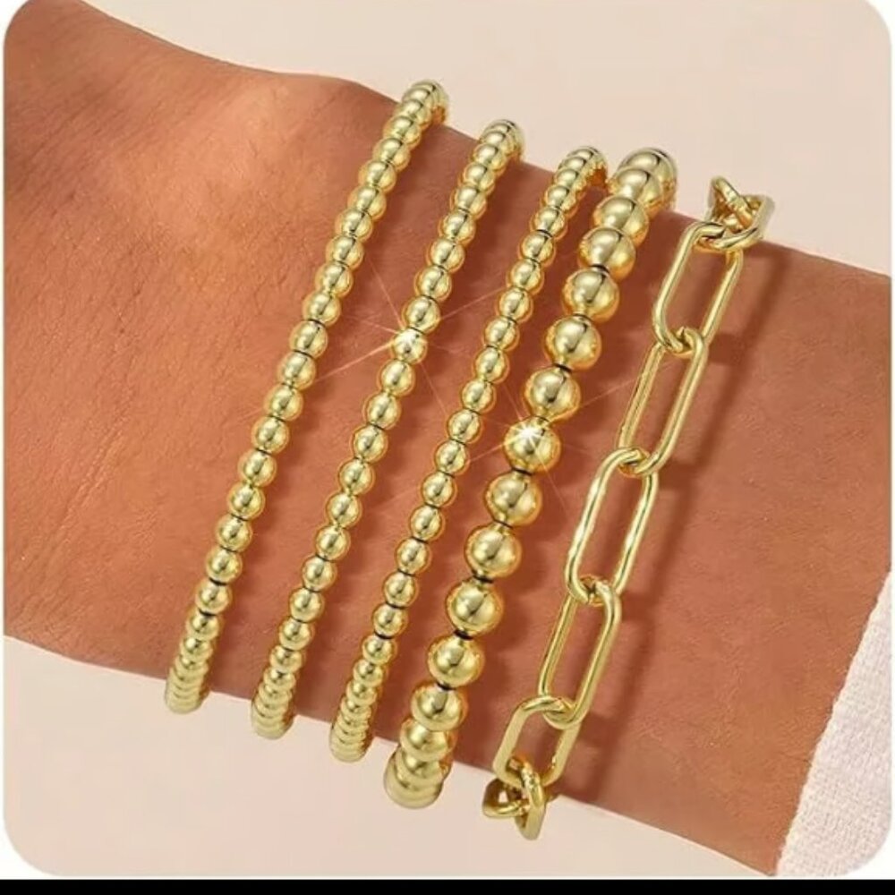 5 Stackable 14K Gold Plated Bracelet for Women Stretch 4mm 6mm Hypoallergenic